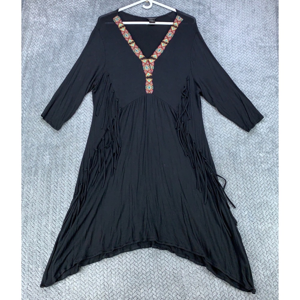 Rock 47 Tunic Women XXL Black Fringe Embroidered V-Neck Sharkbite Hem Southwest